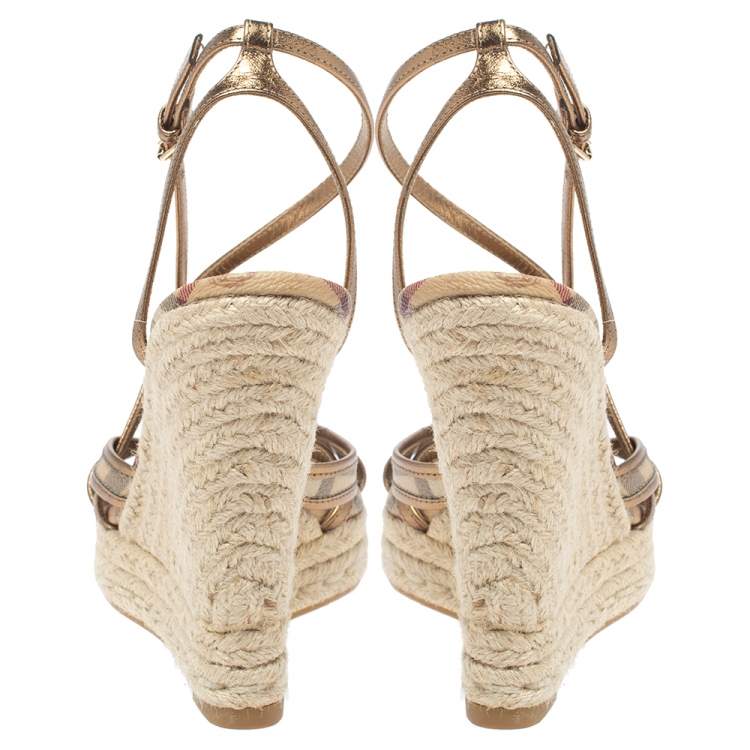 Pre Owned Burberry Gold/Beige House Check PVC and Patent Leather Criss Cross Espadrille Sandals Size 40.5