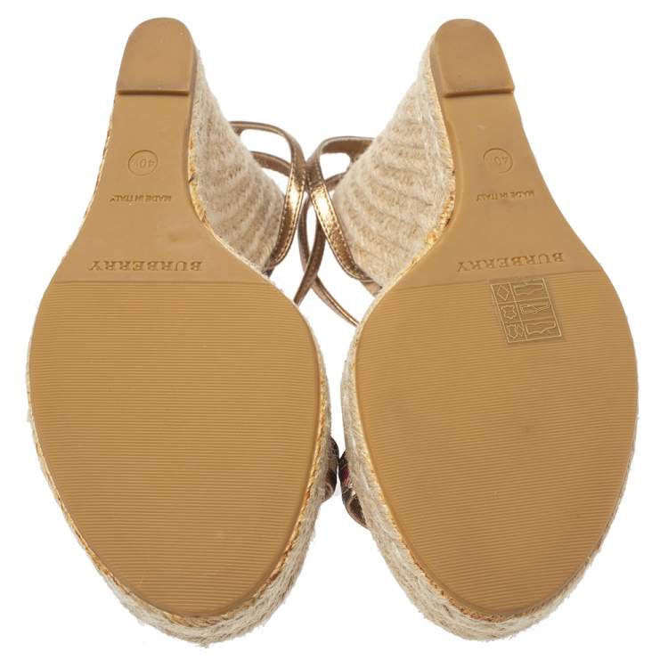 Pre Owned Burberry Gold/Beige House Check PVC and Patent Leather Criss Cross Espadrille Sandals Size 40.5