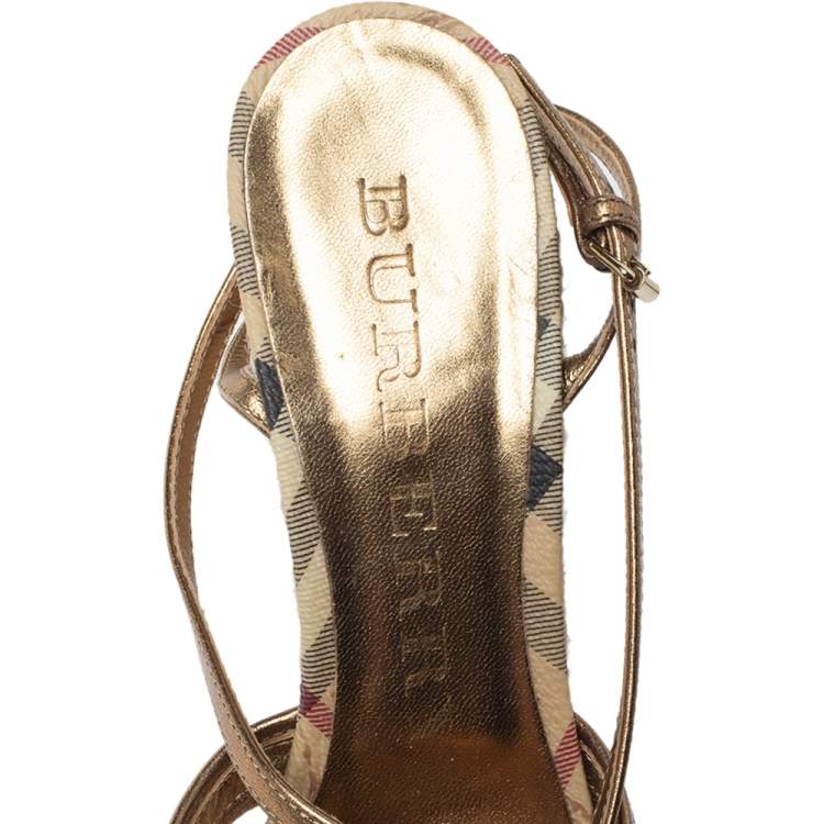 Pre Owned Burberry Gold/Beige House Check PVC and Patent Leather Criss Cross Espadrille Sandals Size 40.5