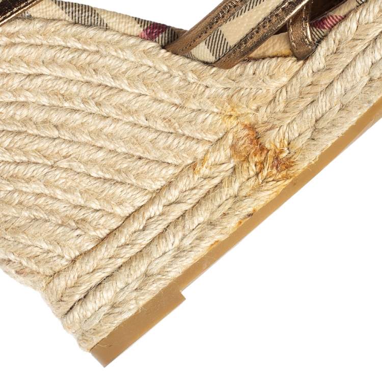 Pre Owned Burberry Gold/Beige House Check PVC and Patent Leather Criss Cross Espadrille Sandals Size 40.5