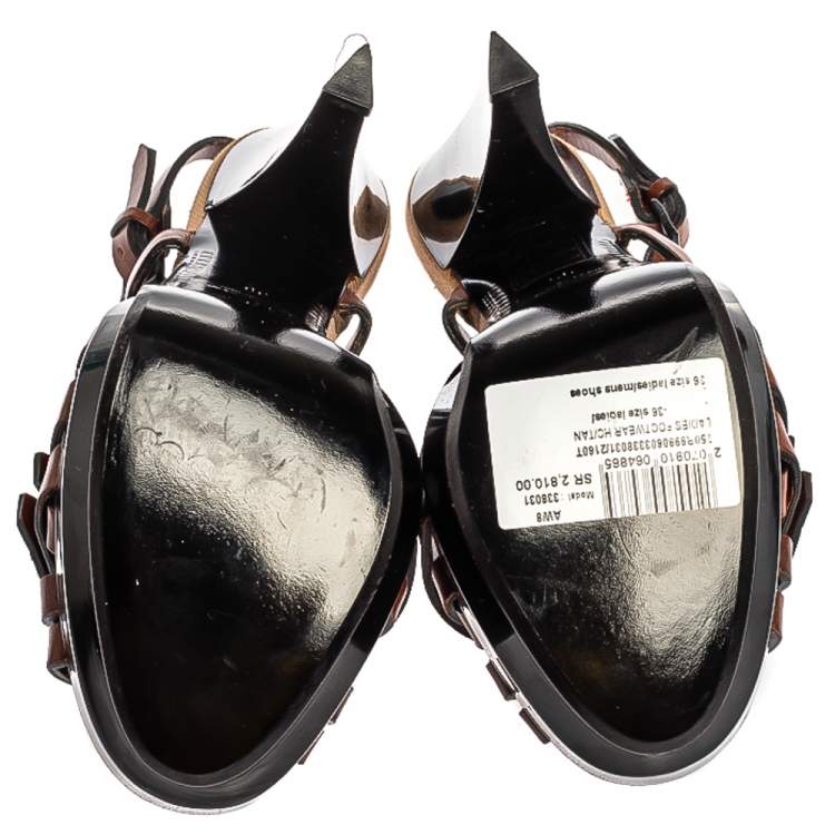 Pre Owned Burberry Brown Leather Strappy Peep Toe Slingback Sandals Size 36
