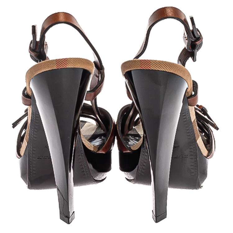 Pre Owned Burberry Brown Leather Strappy Peep Toe Slingback Sandals Size 36
