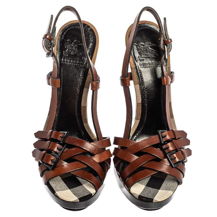 Pre Owned Burberry Brown Leather Strappy Peep Toe Slingback Sandals Size 36