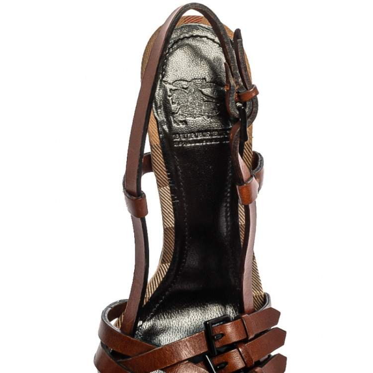Pre Owned Burberry Brown Leather Strappy Peep Toe Slingback Sandals Size 36