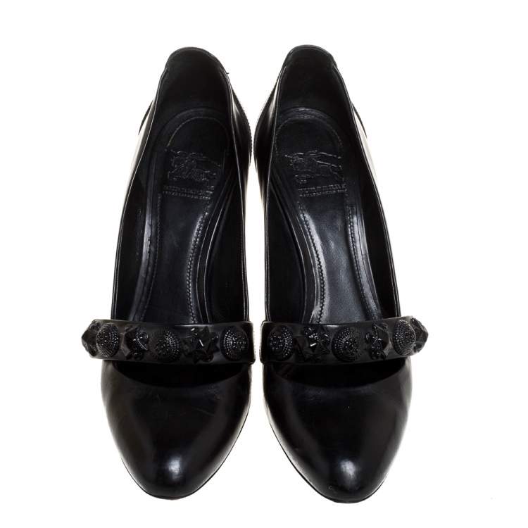 Pre Owned Burberry Black Leather Embellished Mary Jane Pumps Size 38
