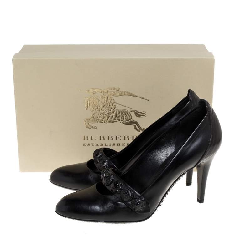 Pre Owned Burberry Black Leather Embellished Mary Jane Pumps Size 38