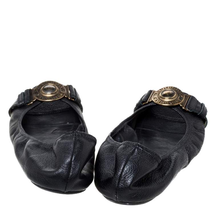 Pre Owned Burberry Black Leather Medallion Peep Toe Ballet Flats Size 39.5