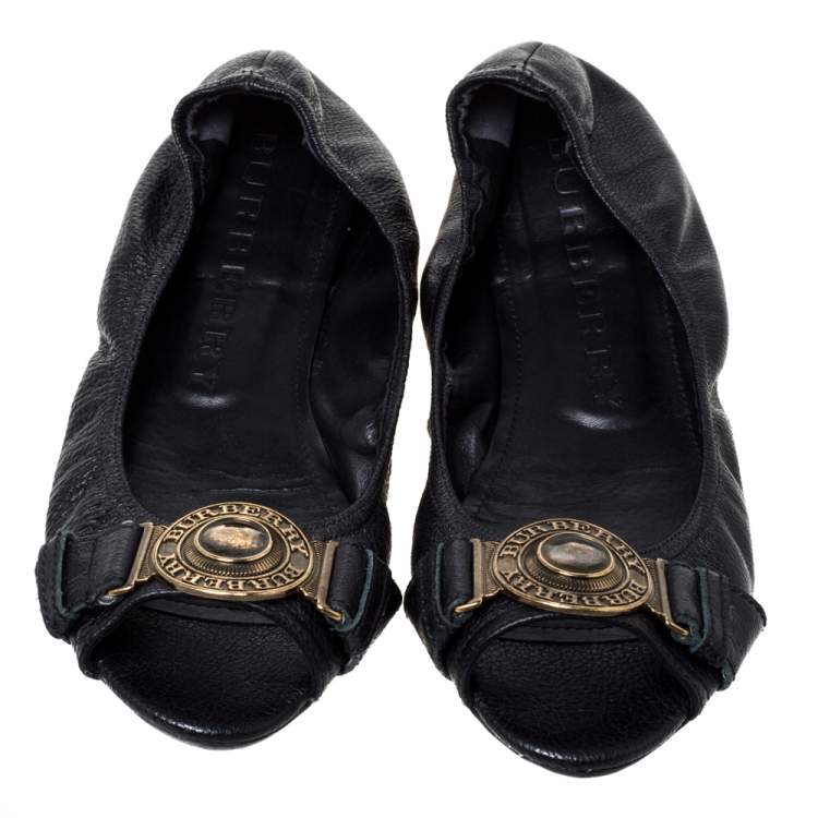 Pre Owned Burberry Black Leather Medallion Peep Toe Ballet Flats Size 39.5