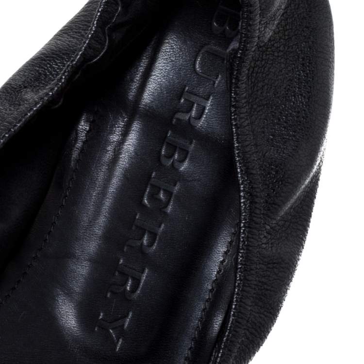 Pre Owned Burberry Black Leather Medallion Peep Toe Ballet Flats Size 39.5