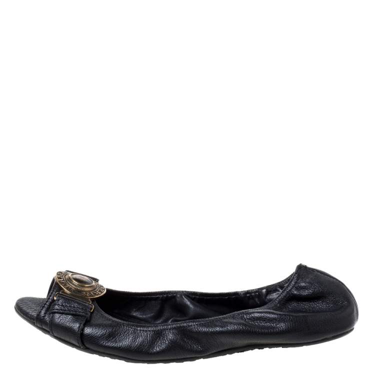 Pre Owned Burberry Black Leather Medallion Peep Toe Ballet Flats Size 39.5