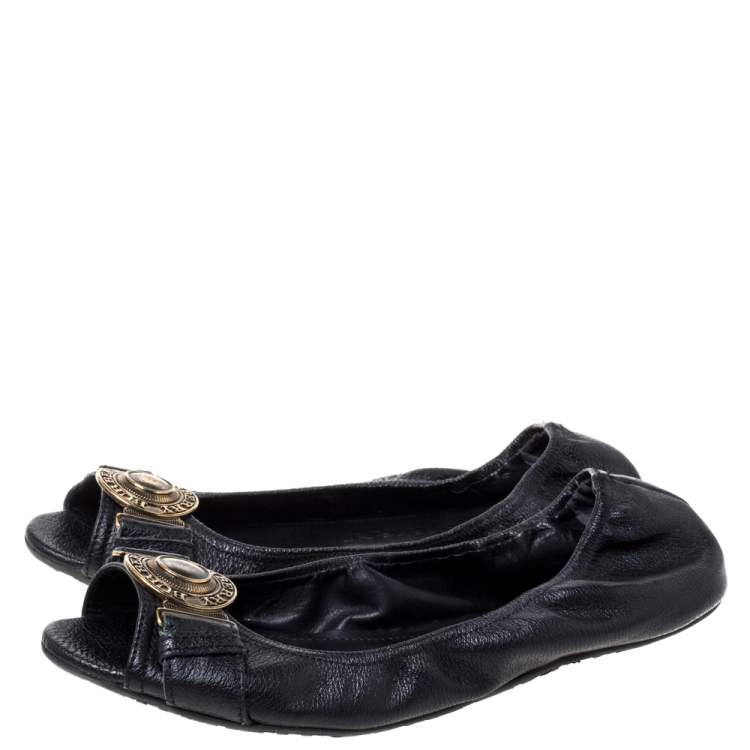 Pre Owned Burberry Black Leather Medallion Peep Toe Ballet Flats Size 39.5