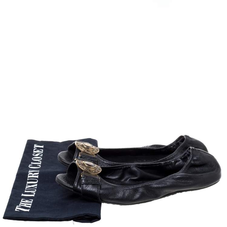 Pre Owned Burberry Black Leather Medallion Peep Toe Ballet Flats Size 39.5