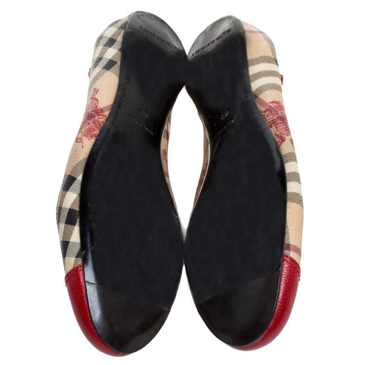 Pre Owned Burberry Beige/Red Coated Canvas And Leather Round Cap Toe Ballet Flats Size 39