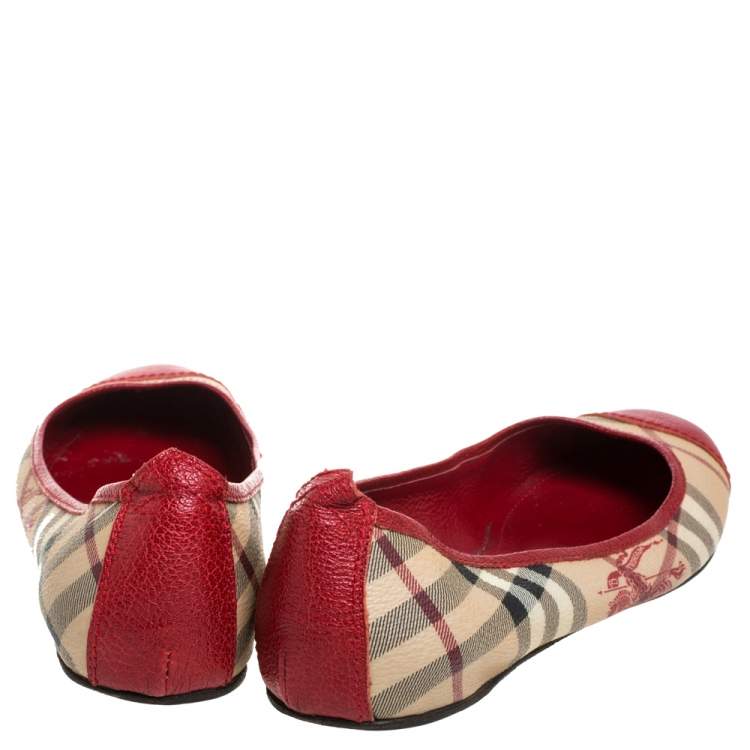 Pre Owned Burberry Beige/Red Coated Canvas And Leather Round Cap Toe Ballet Flats Size 39