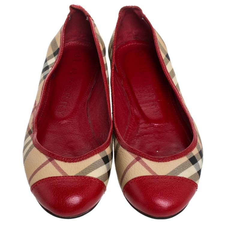 Pre Owned Burberry Beige/Red Coated Canvas And Leather Round Cap Toe Ballet Flats Size 39
