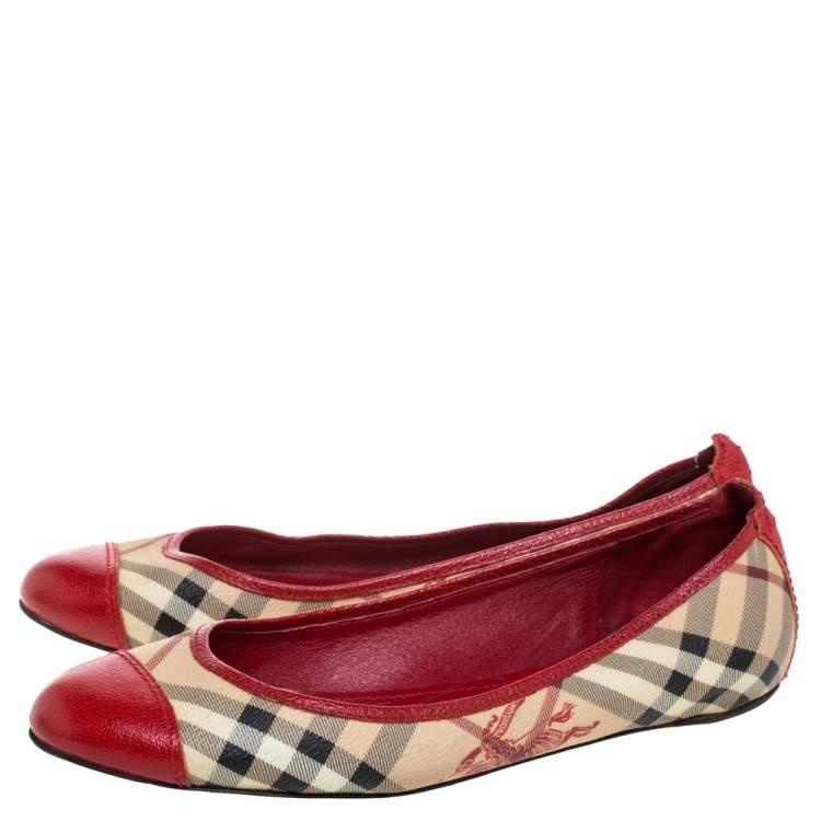Pre Owned Burberry Beige/Red Coated Canvas And Leather Round Cap Toe Ballet Flats Size 39