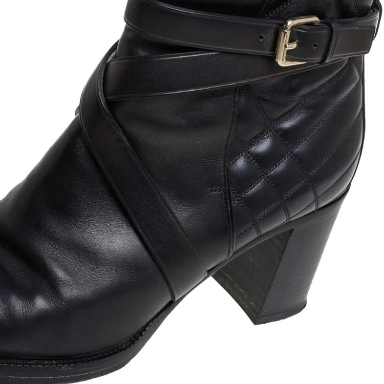 Pre Owned Burberry Black Quilted Leather Buckle Ankle Boots Size 40