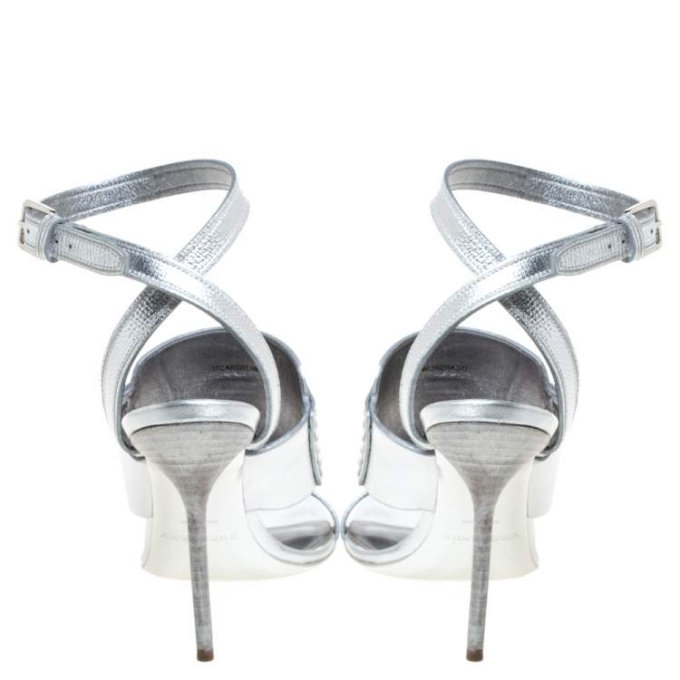 Pre Owned Burberry Metallic Silver Leather Bethany Ankle Strap Sandals Size 39