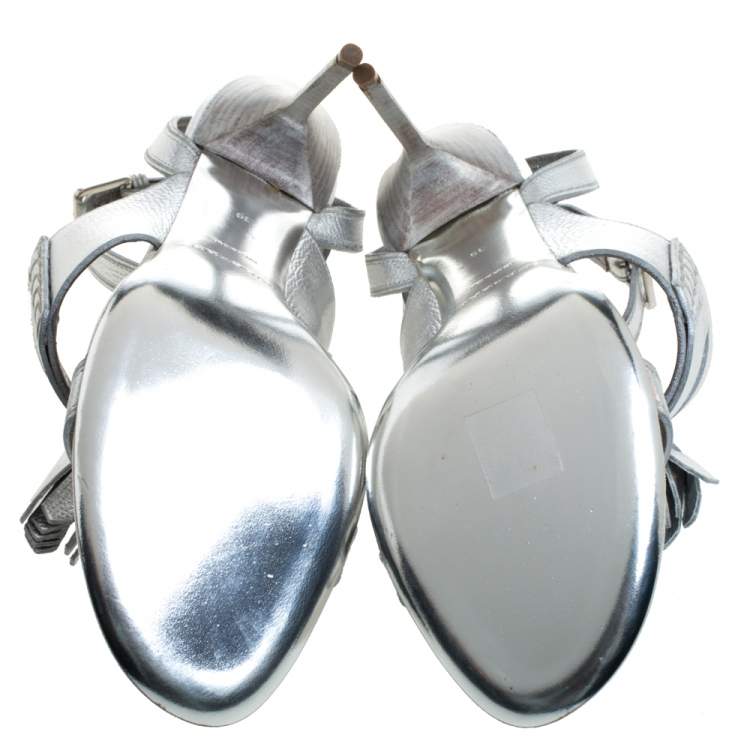 Pre Owned Burberry Metallic Silver Leather Bethany Ankle Strap Sandals Size 39