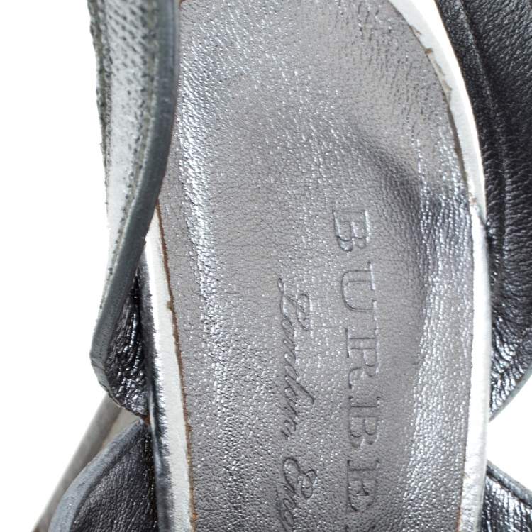 Pre Owned Burberry Metallic Silver Leather Bethany Ankle Strap Sandals Size 39