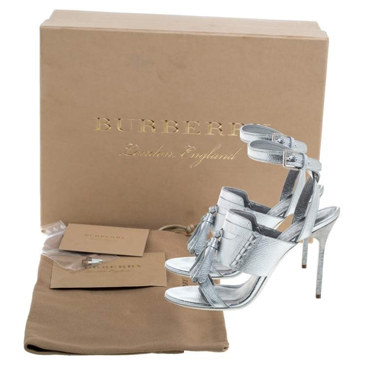 Pre Owned Burberry Metallic Silver Leather Bethany Ankle Strap Sandals Size 39
