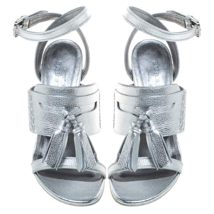 Pre Owned Burberry Metallic Silver Leather Bethany Ankle Strap Sandals Size 39