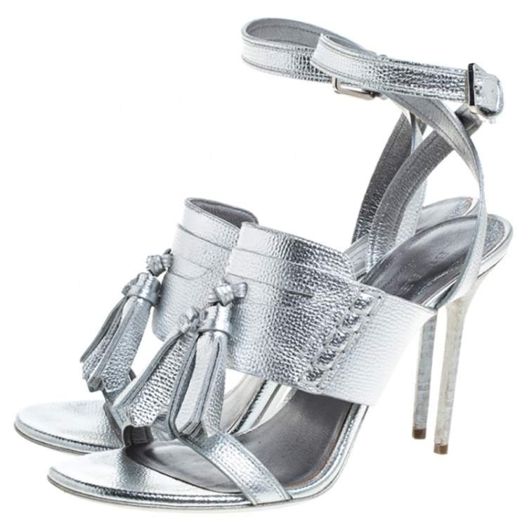 Pre Owned Burberry Metallic Silver Leather Bethany Ankle Strap Sandals Size 39