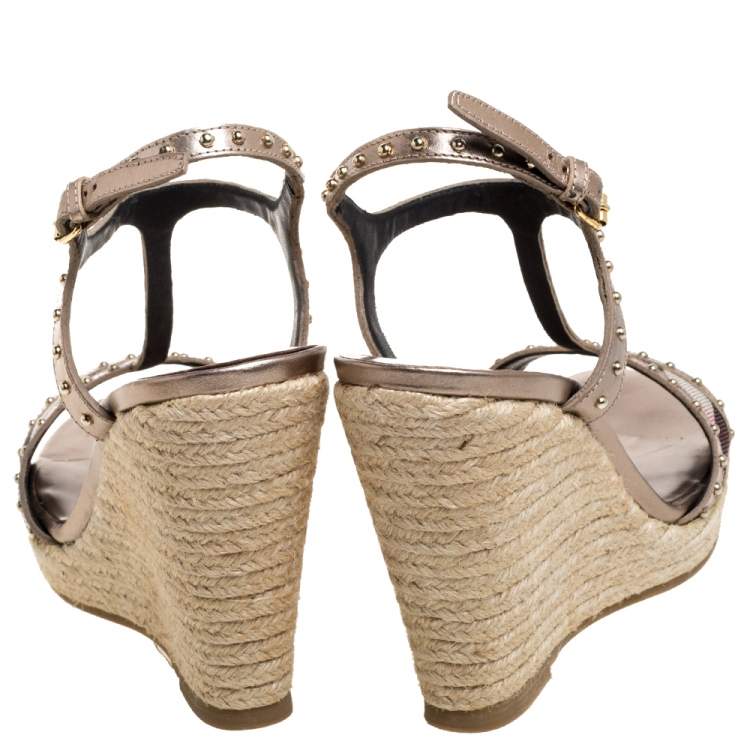 Pre Owned Burberry Metallic Beige Leather and Nova Check Canvas Studded Wedge Espadrilles Sandals Size 37
