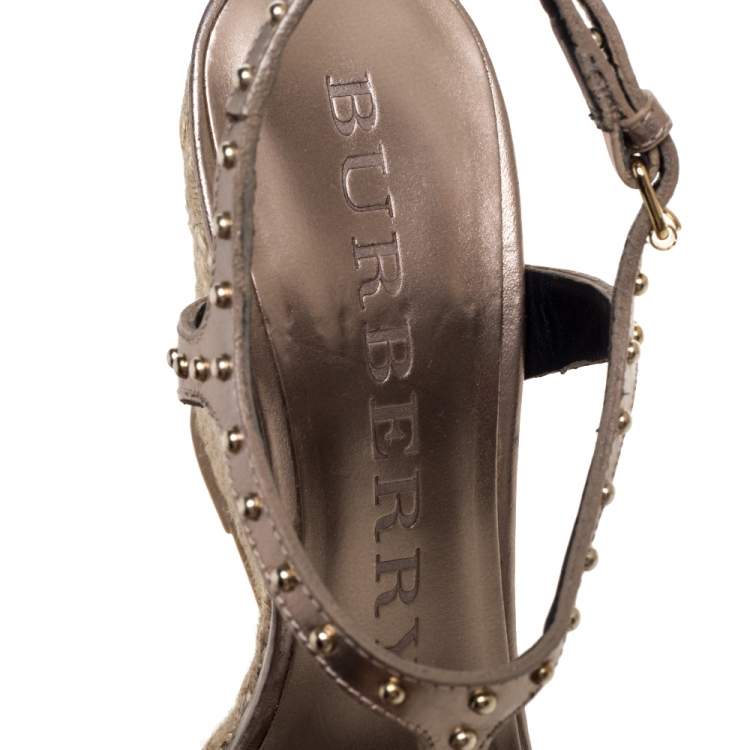Pre Owned Burberry Metallic Beige Leather and Nova Check Canvas Studded Wedge Espadrilles Sandals Size 37