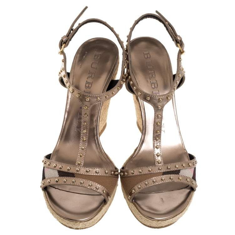 Pre Owned Burberry Metallic Beige Leather and Nova Check Canvas Studded Wedge Espadrilles Sandals Size 37