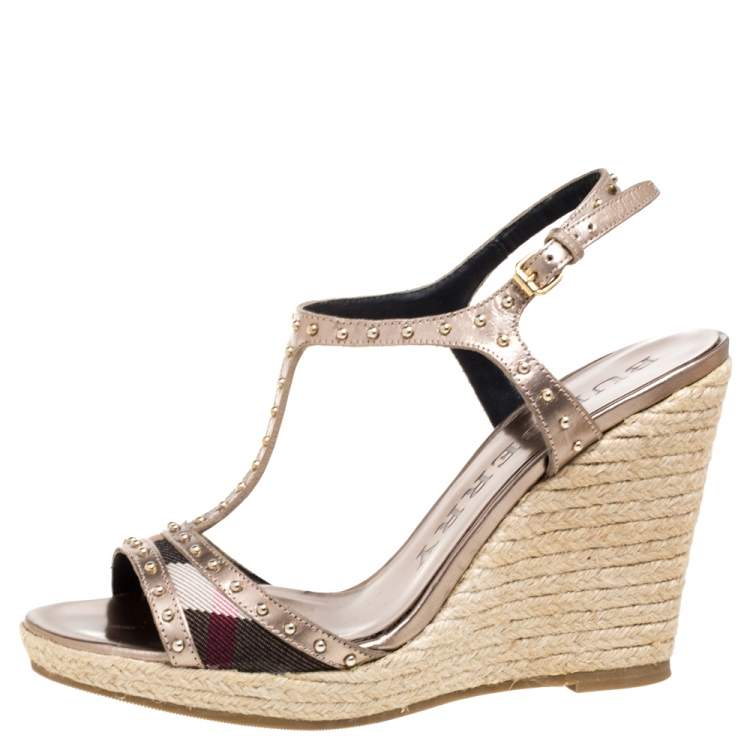 Pre Owned Burberry Metallic Beige Leather and Nova Check Canvas Studded Wedge Espadrilles Sandals Size 37