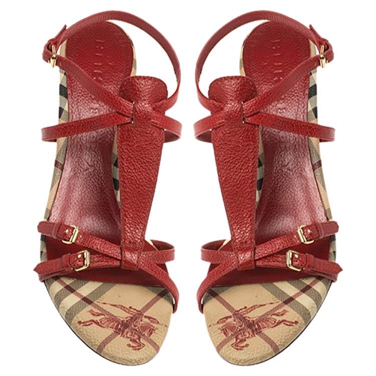 Pre Owned Burberry Red Leather Ankle Strap Sandals Size 40