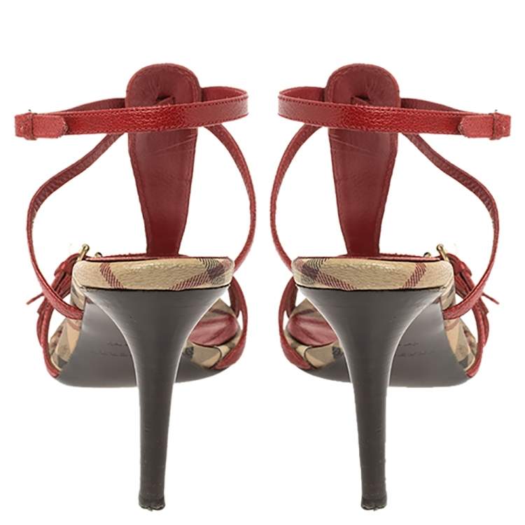 Pre Owned Burberry Red Leather Ankle Strap Sandals Size 40