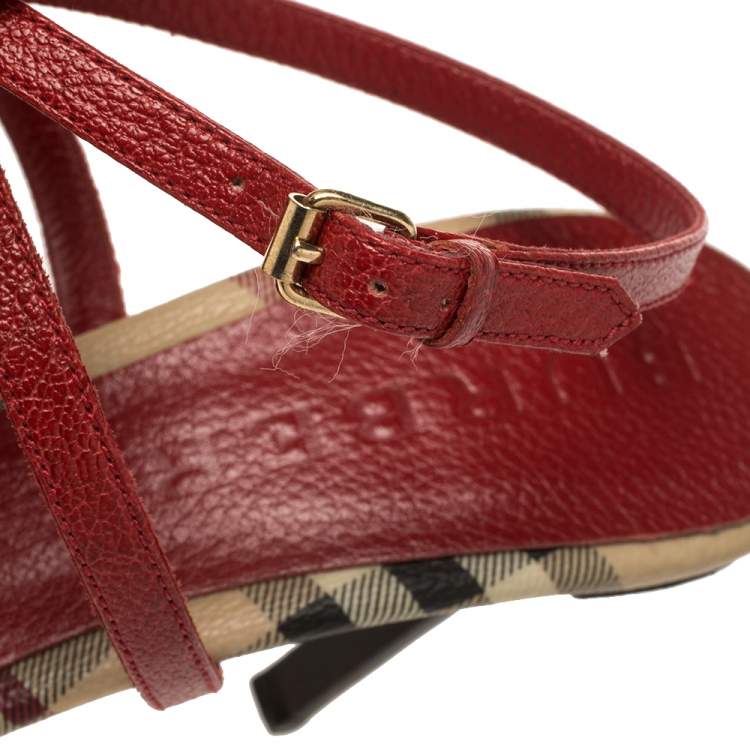 Pre Owned Burberry Red Leather Ankle Strap Sandals Size 40