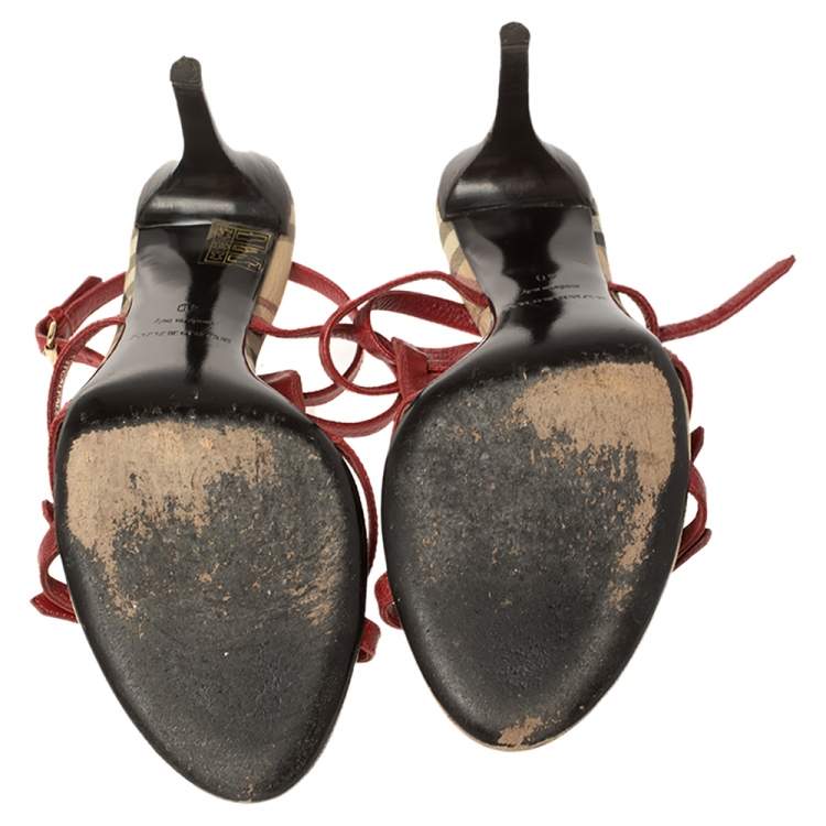 Pre Owned Burberry Red Leather Ankle Strap Sandals Size 40