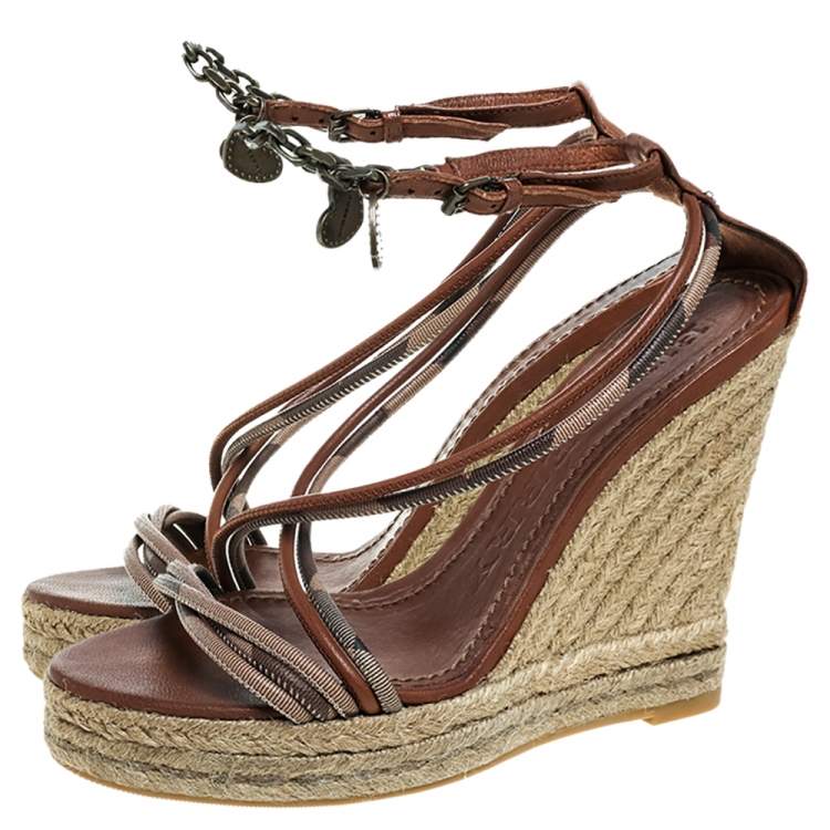 Pre Owned Burberry Brown Leather Smoked Strappy Espadrille Wedge Sandals Size 38