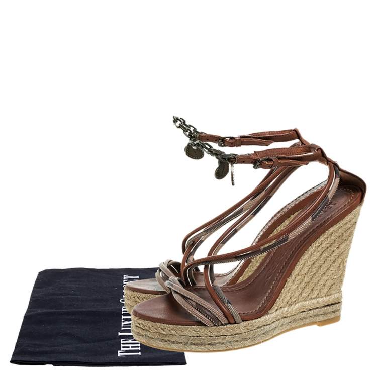 Pre Owned Burberry Brown Leather Smoked Strappy Espadrille Wedge Sandals Size 38