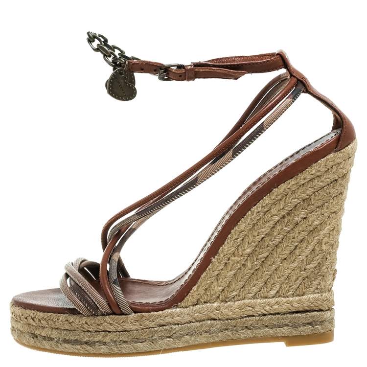 Pre Owned Burberry Brown Leather Smoked Strappy Espadrille Wedge Sandals Size 38
