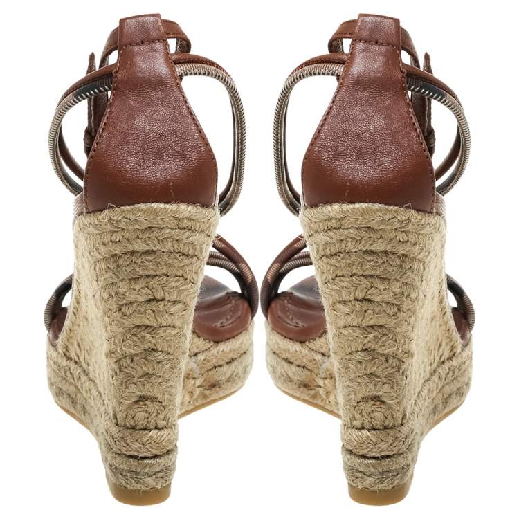 Pre Owned Burberry Brown Leather Smoked Strappy Espadrille Wedge Sandals Size 38