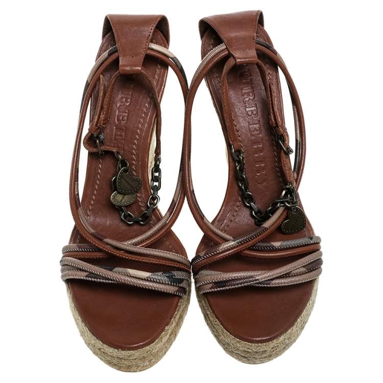 Pre Owned Burberry Brown Leather Smoked Strappy Espadrille Wedge Sandals Size 38