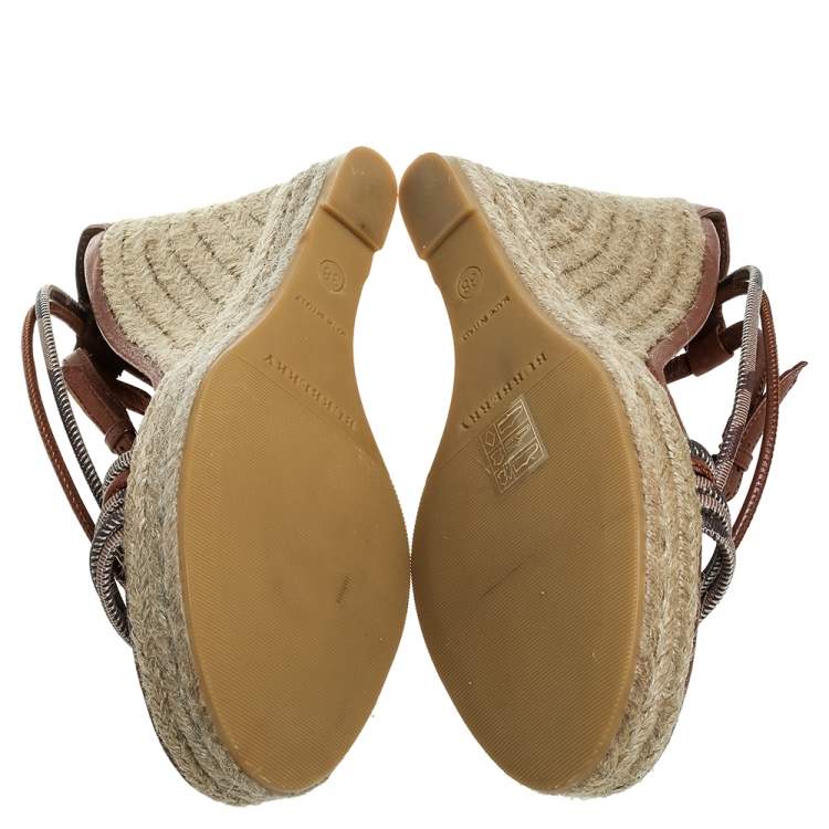 Pre Owned Burberry Brown Leather Smoked Strappy Espadrille Wedge Sandals Size 38