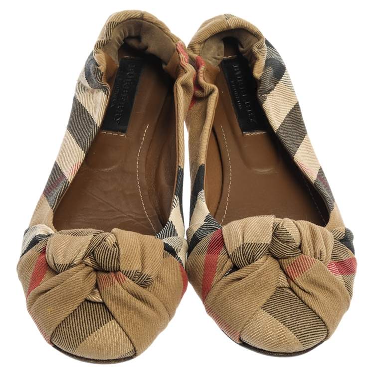 Pre Owned Burberry Beige Canvas Nova Check Knotted Bow Ballet Flats Size 38