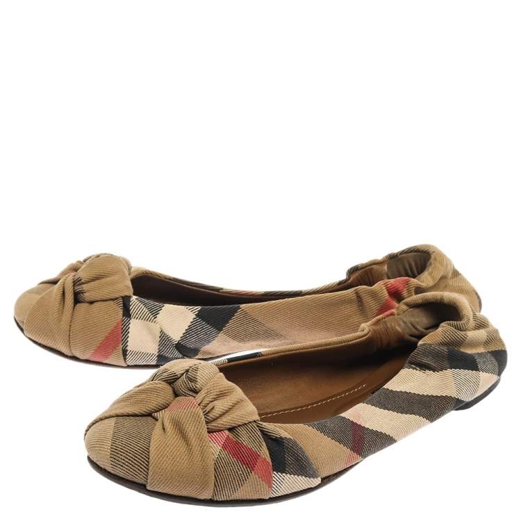 Pre Owned Burberry Beige Canvas Nova Check Knotted Bow Ballet Flats Size 38