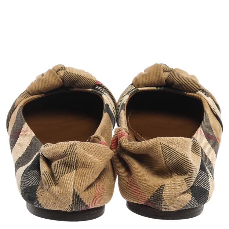Pre Owned Burberry Beige Canvas Nova Check Knotted Bow Ballet Flats Size 38