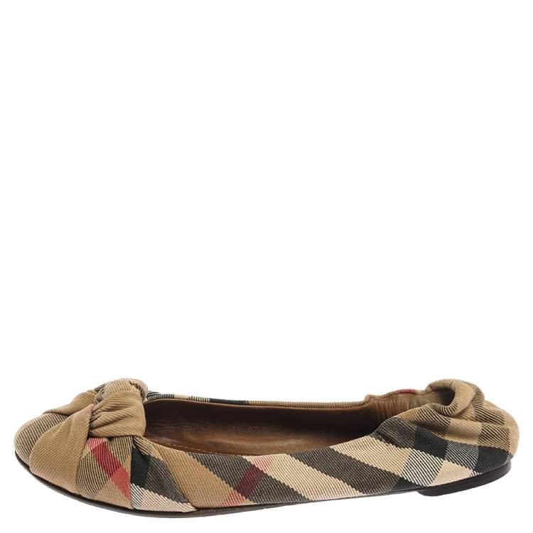 Pre Owned Burberry Beige Canvas Nova Check Knotted Bow Ballet Flats Size 38