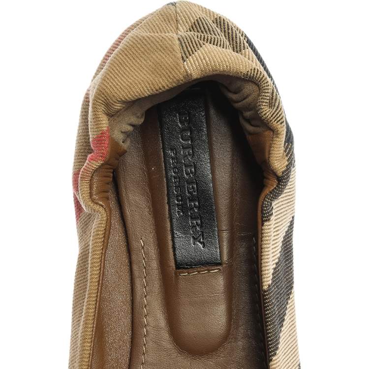 Pre Owned Burberry Beige Canvas Nova Check Knotted Bow Ballet Flats Size 38