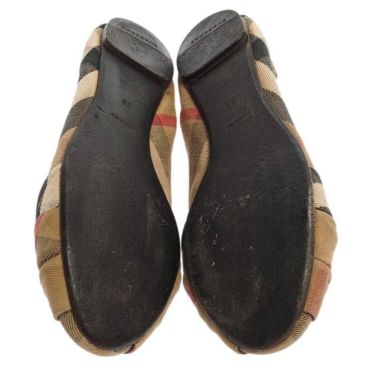 Pre Owned Burberry Beige Canvas Nova Check Knotted Bow Ballet Flats Size 38