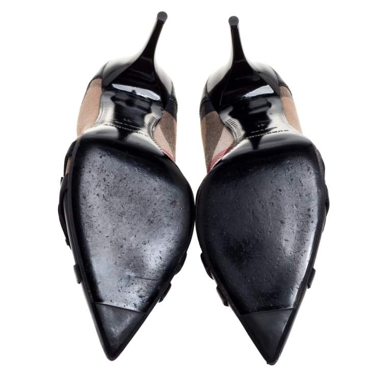 Pre Owned Burberry Black Leather And Novacheck Canvas Buckle Detail Pointed Toe Pumps Size 41