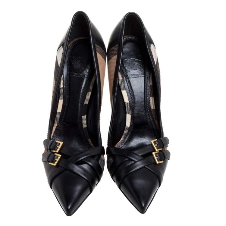 Pre Owned Burberry Black Leather And Novacheck Canvas Buckle Detail Pointed Toe Pumps Size 41
