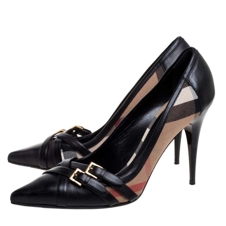 Pre Owned Burberry Black Leather And Novacheck Canvas Buckle Detail Pointed Toe Pumps Size 41